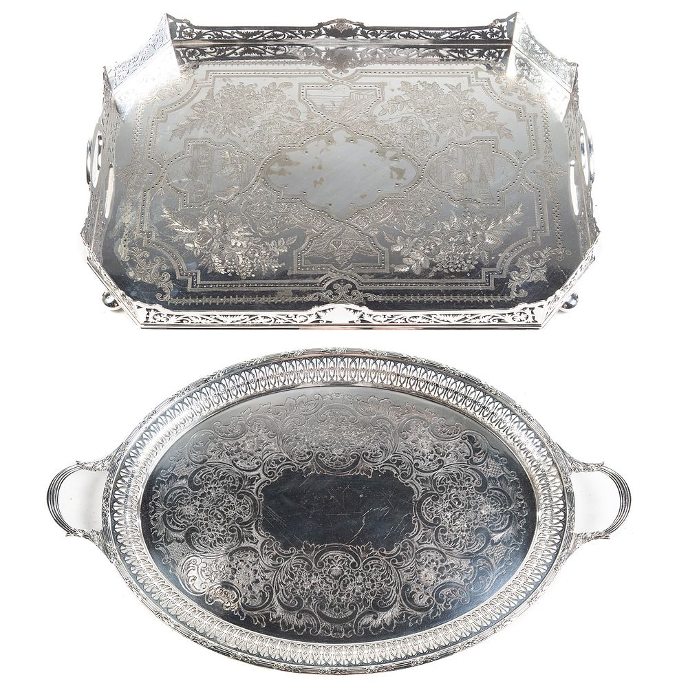 Appraisal: Two Impressive Silver Plated Serving Trays including a rectangular example