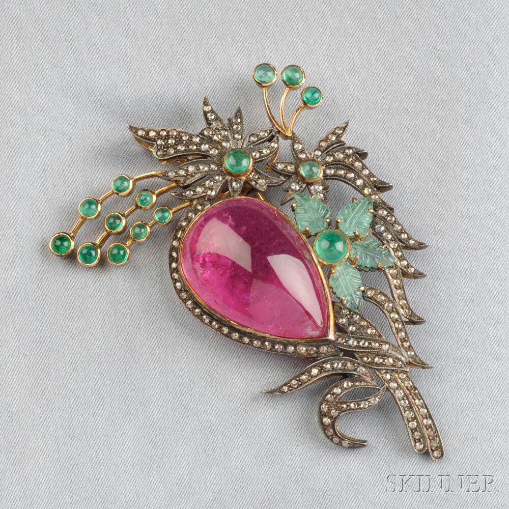 Appraisal: Pink Tourmaline Emerald and Diamond Brooch designed as a flower