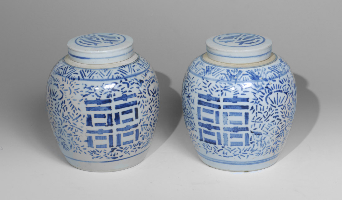 Appraisal: PAIR CHINESE BLUE WHITE GINGER JARS Double happiness and stylized