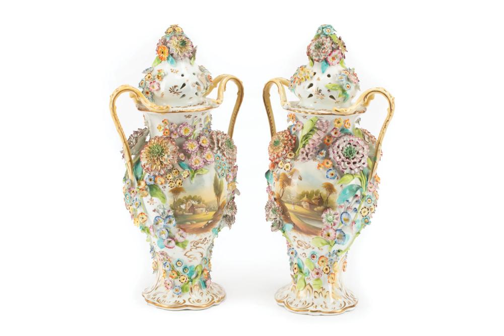 Appraisal: Pair of English Polychrome and Gilt Porcelain Potpourri Urns th