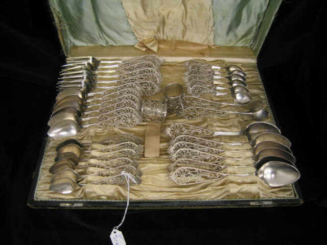 Appraisal: Pc Silver Filagree Flatware Service for in original Victorian box