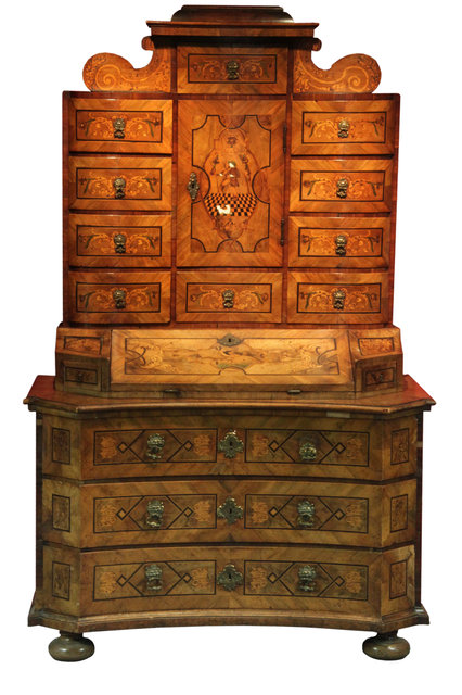 Appraisal: A South German or Austrian walnut burr maple and marquetry