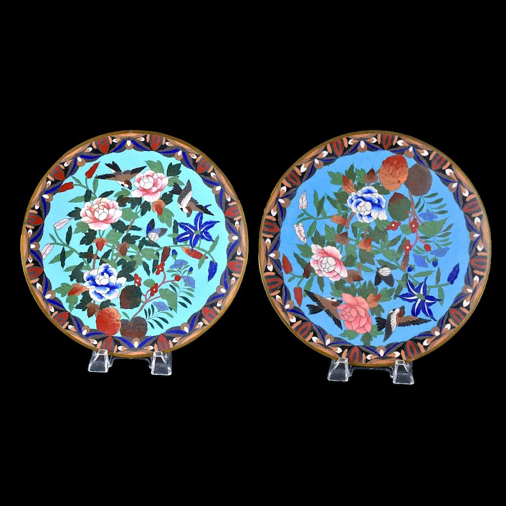 Appraisal: Cloisonne Chargers Pair of Chinese Cloisonne Enamel Chargers Decorated with