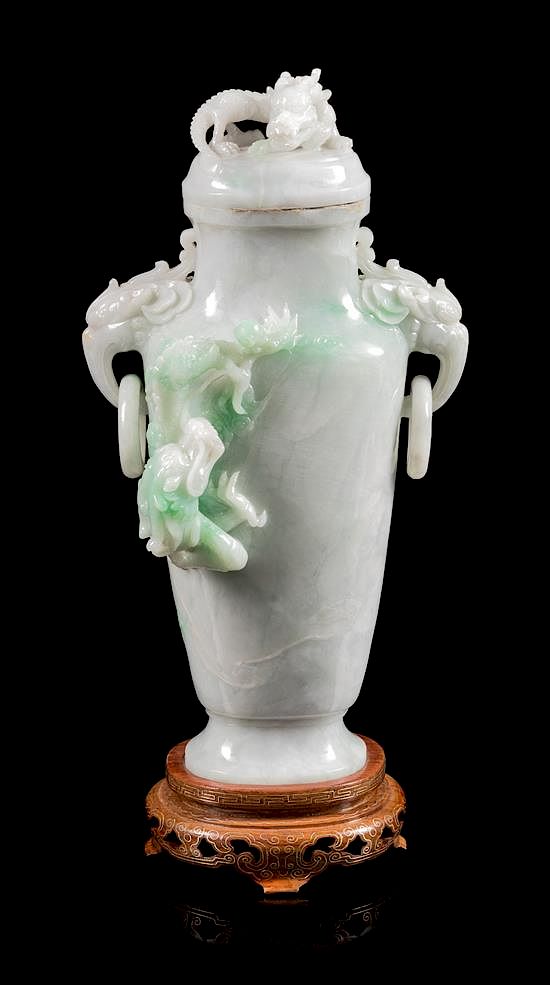 Appraisal: A Jadeite 'Dragon' Covered Vase Height inches A Jadeite 'Dragon'