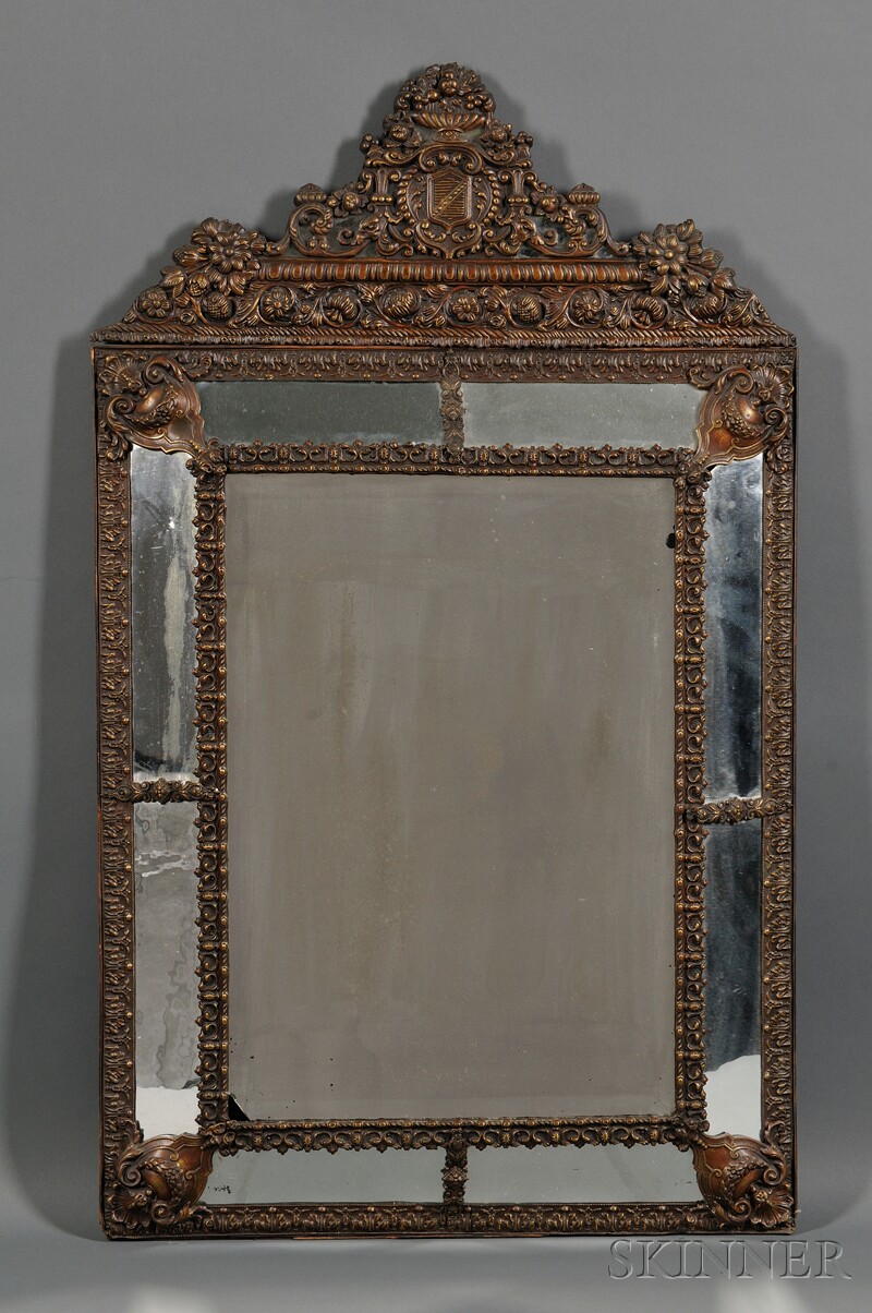 Appraisal: Mirror with Molded Copper Frame central crest with heraldic shield