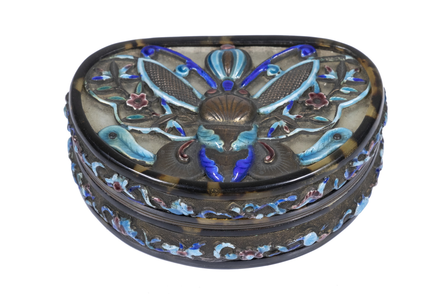 Appraisal: CHINESE ENAMEL GILT METAL BUTTERFLY BOX th c Enamel Decorated