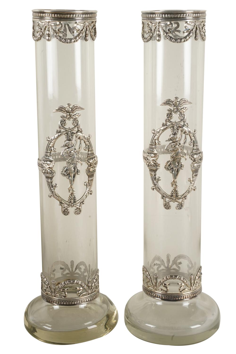 Appraisal: PAIR OF PORTUGUESE SILVER- MOUNTED GLASS VASESstamped to rim Topazio