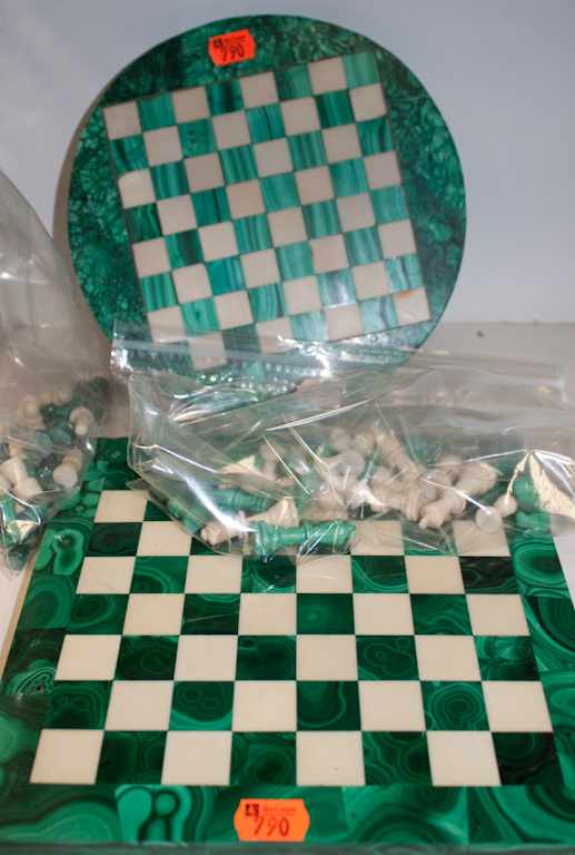 Appraisal: Two malachite and hardstone inlaid chess boards with chess men