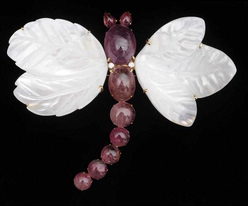 Appraisal: GOLD MOTHER-OF-PEARL PINK TOURMALINE AND DIAMOND DRAGONFLY BROOCH x in