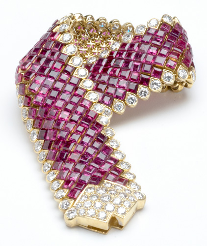 Appraisal: Supple diamond and ruby strap bracelet in k yg Two