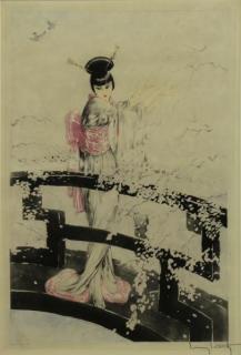 Appraisal: ICART Louis Color Etching Geisha on a Bridge Signed lower