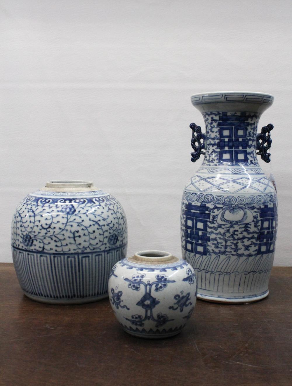 Appraisal: THREE CHINESE BLUE AND WHITE PORCELAIN VESSELS each hand painted