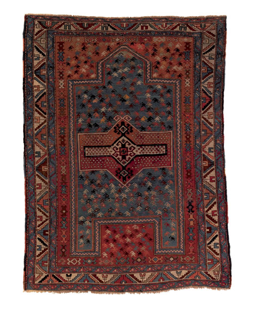 Appraisal: Caucasian prayer rug ca with blue mehrab on a red