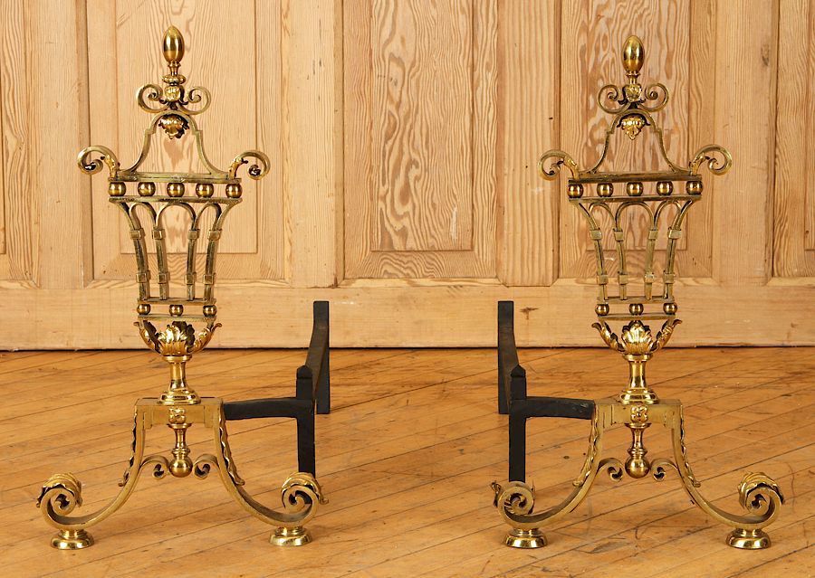 Appraisal: PAIR BRASS ANDIRONS IN CONTINENTAL STYLE A pair of brass