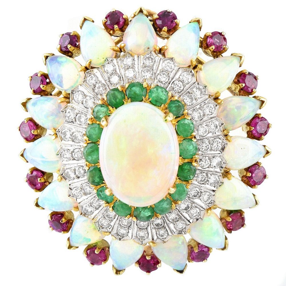 Appraisal: Opal Diamond Ruby and Emerald Brooch Vintage Opal Round Brilliant