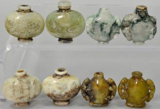 Appraisal: Four pairs of carved jadeite and hardstone snuff bottles ht