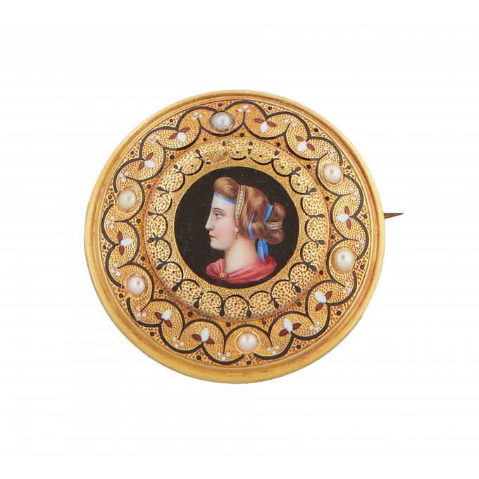 Appraisal: K Yellow Gold Enamel and Seed Pearl Portrait Brooch c