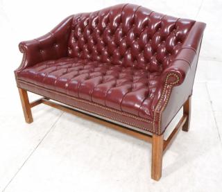 Appraisal: Burgundy Leather Chesterfield Settee Bench Camel Back Brass tack stud