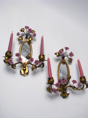 Appraisal: Pair of floral motif mirrored candle sconces with oval mirrored