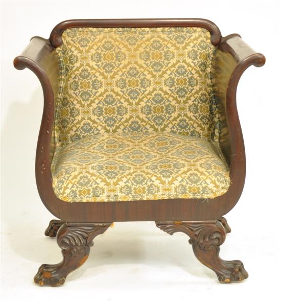 Appraisal: Mahogany chair with scrolled arms upholstered seat and back shaped