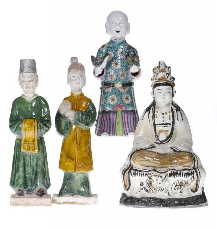 Appraisal: TWO SANCAI GLAZED FIGURES OF ATTENDANTS TANG DYNASTY one holding