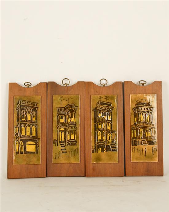 Appraisal: Four Enamel Plaques mounted on Teak Minor damage to one