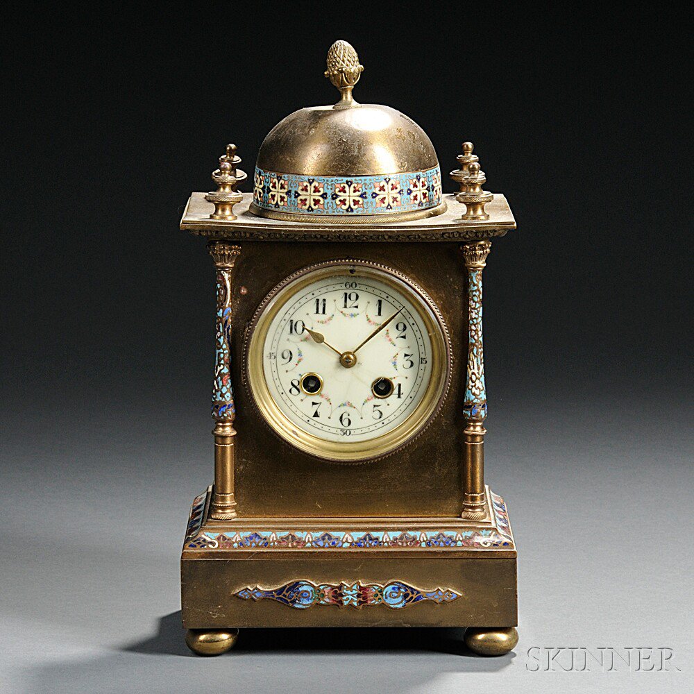 Appraisal: French Brass and Champleve Mantel Clock late th century pineapple