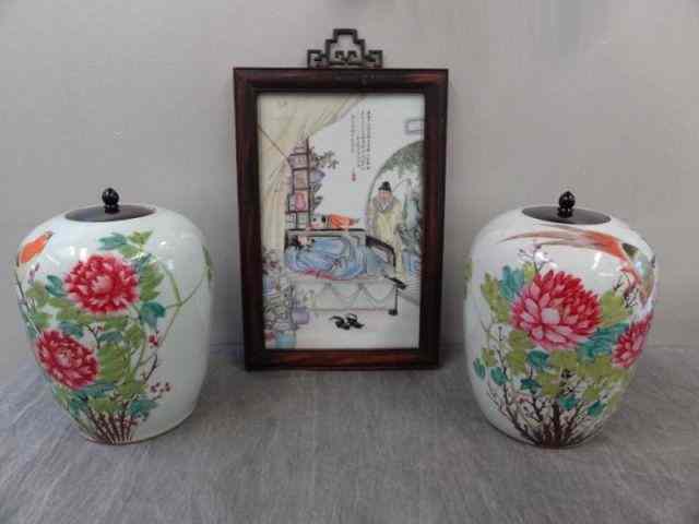 Appraisal: Asian Porcelain Pair of Urns an Antique Plaque From a