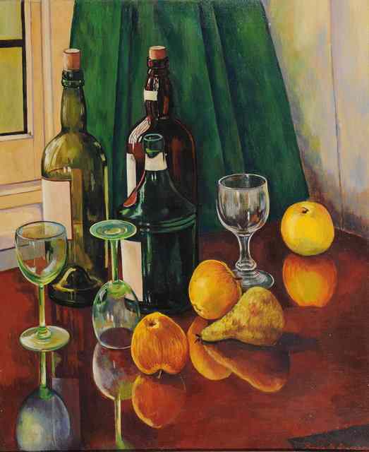 Appraisal: Pamela M Spencer British - Still life of wine bottles