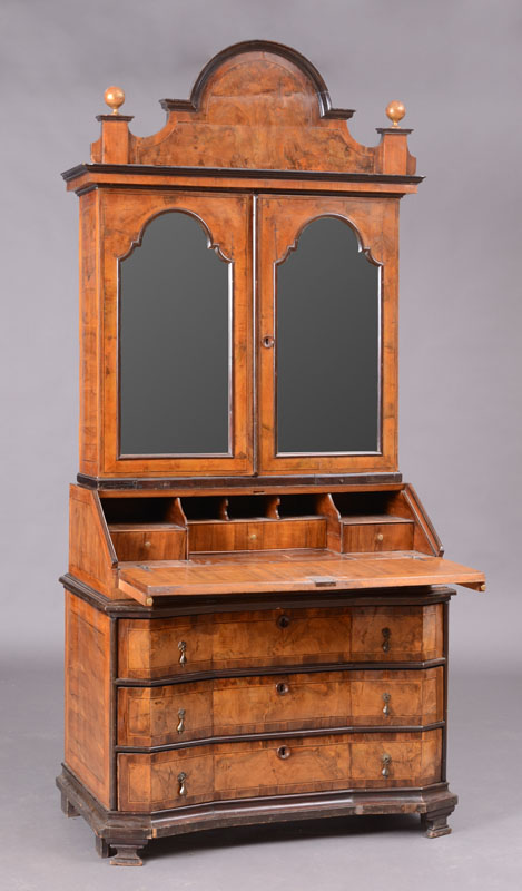 Appraisal: ITALIAN ROCOCO BURL WALNUT AND EBONIZED BUREAU BOOKCASE The arched