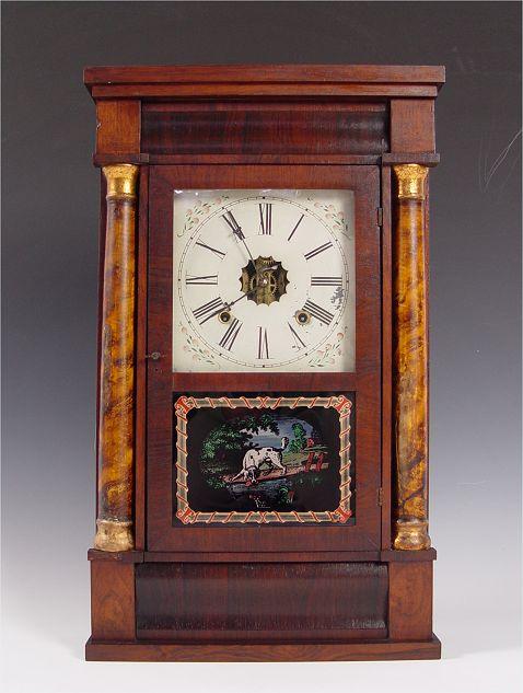 Appraisal: E N WELCH COLUMN CORNICE CLOCK Gilded columns original reverse