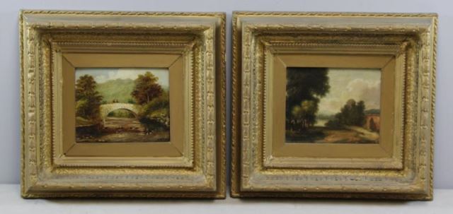 Appraisal: Two th C Oil on Board Landscapes Figures on bridge