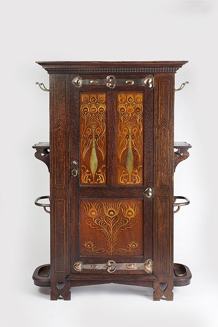 Appraisal: Shapland and Petter of BarnstableArt Nouveau inlaid 'Peacock' hall cabinet