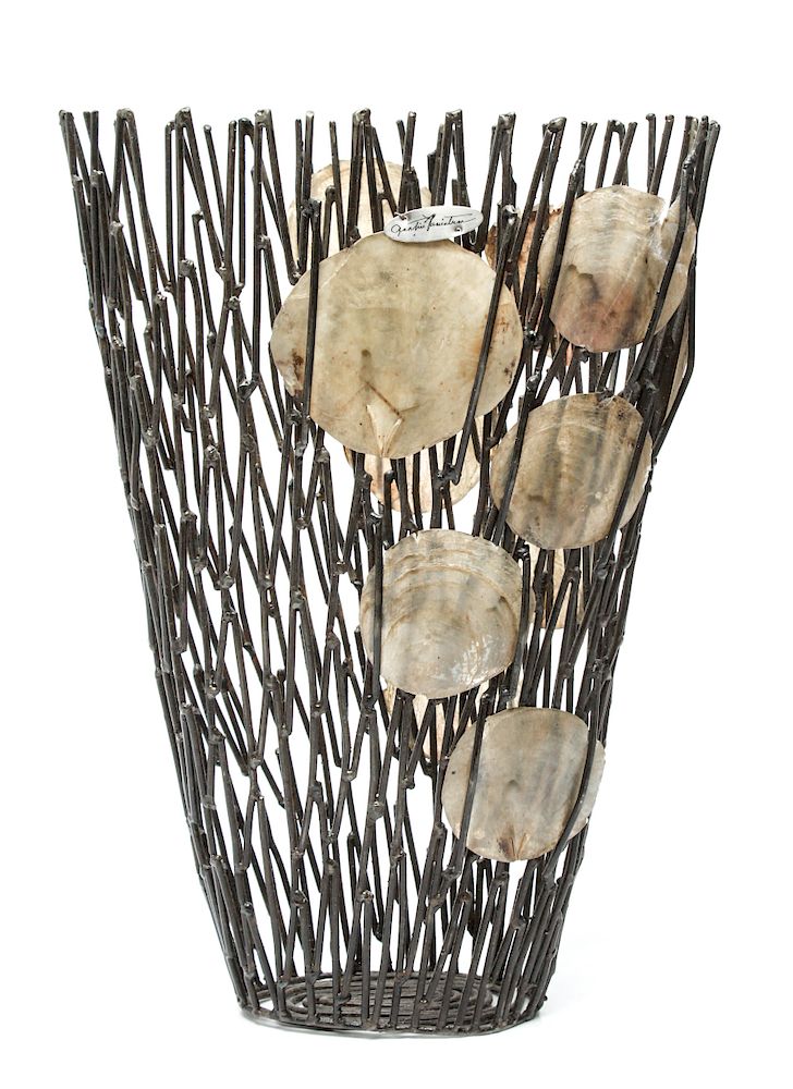 Appraisal: Contemporary Metal Sculpture with Shells Contemporary metal sculpture or basket