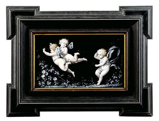 Appraisal: Limoges enamel putti plaque th century flesh-colored putti on deep