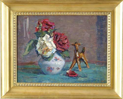 Appraisal: STANISLAV VASILEVICH PETRASHEVSKI Russian - ROSES WITH PORCELAIN FIGURE Oil