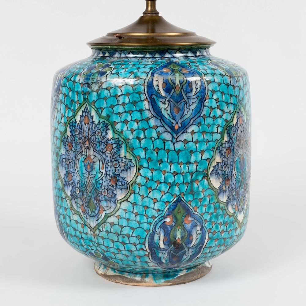 Appraisal: Persian Turquoise Glazed Pottery Jar Mounted as a Lamp x