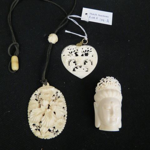 Appraisal: pcs Chinese Carved Ivory buddha head oval floral pendant heart