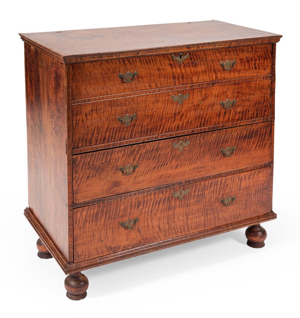 Appraisal: WILLIAM MARY CURLY MAPLE BLANKET CHEST NEW ENGLAND TH CENTURY