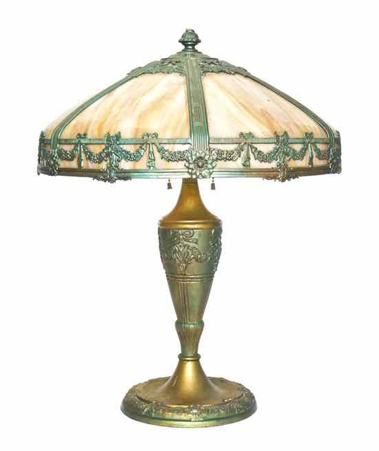 Appraisal: An American Paneled Slag Glass Lamp the six panels set