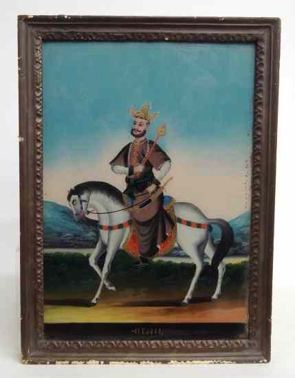 Appraisal: Early reverse painting on glass Persian man on horseback Sight