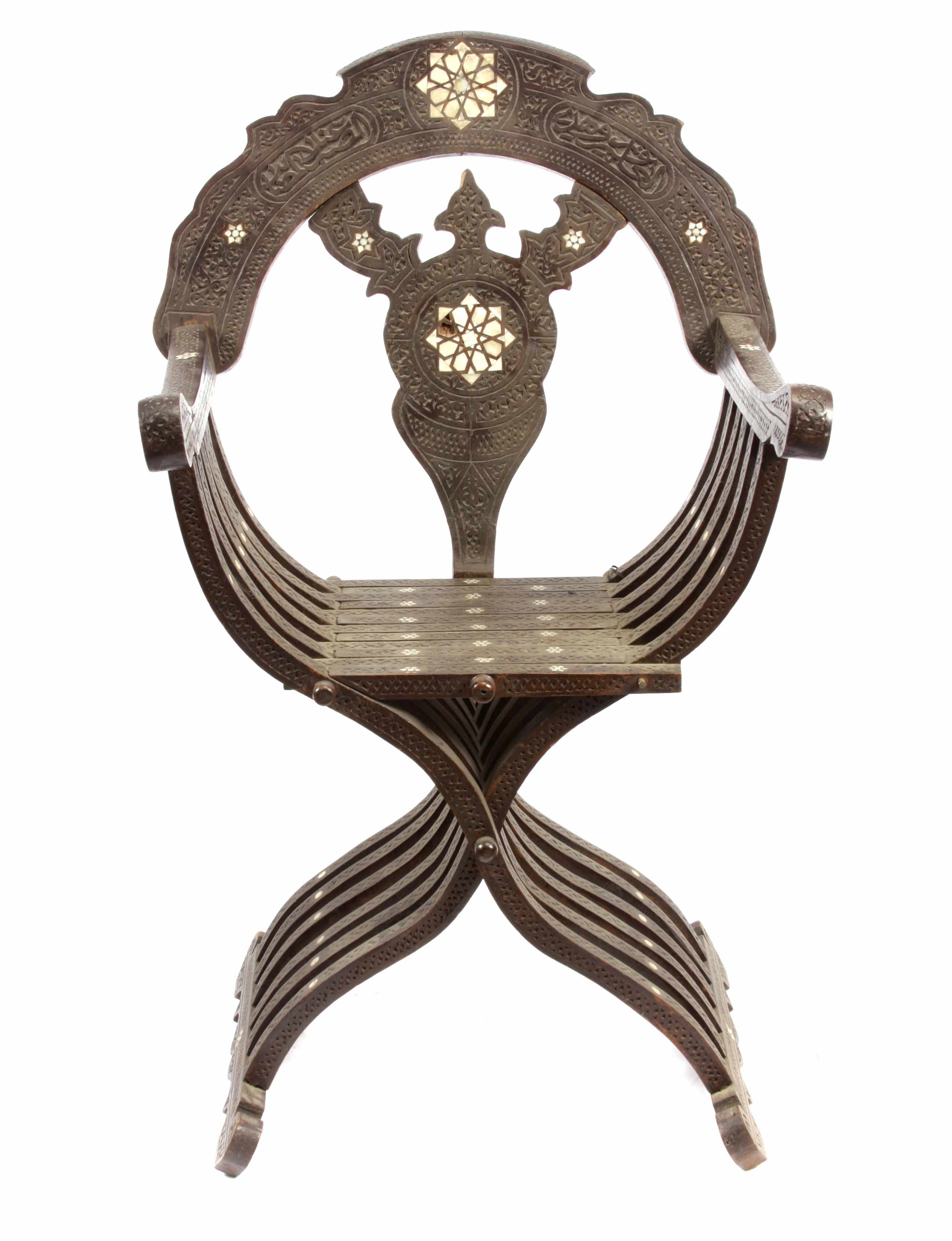 Appraisal: A Moroccan mother of pearl inlaid savonarola chair height in