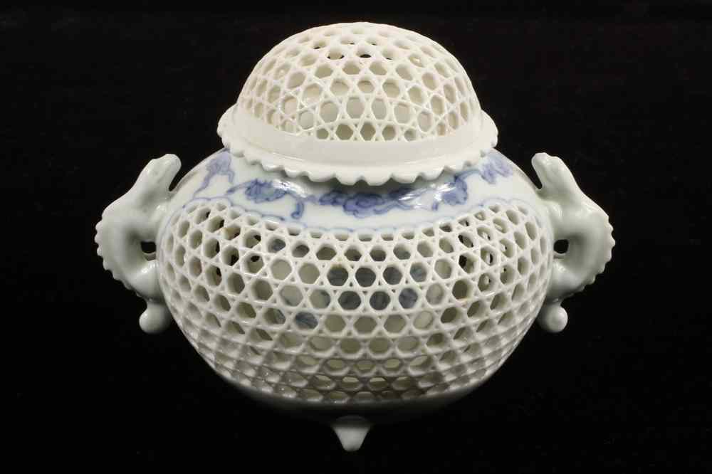 Appraisal: JAPANESE PORCELAIN CENSER - Hirado Blue and White Porcelain Latticework