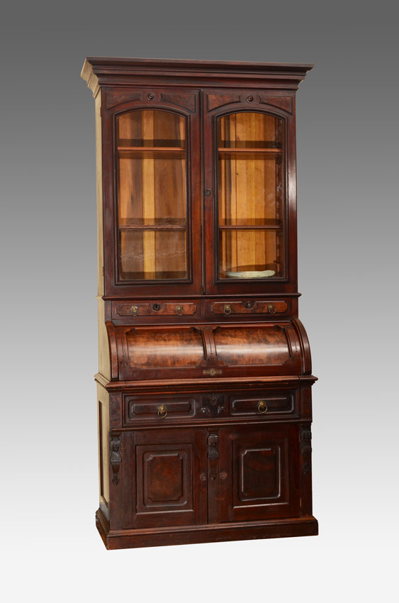 Appraisal: FINE BARREL FRONT VICTORIAN SECRETARY Stepped crest over glass doors