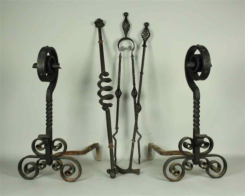 Appraisal: ARTS AND CRAFTS WROUGHT IRON ANDIRON AND FIRE TOOL SET