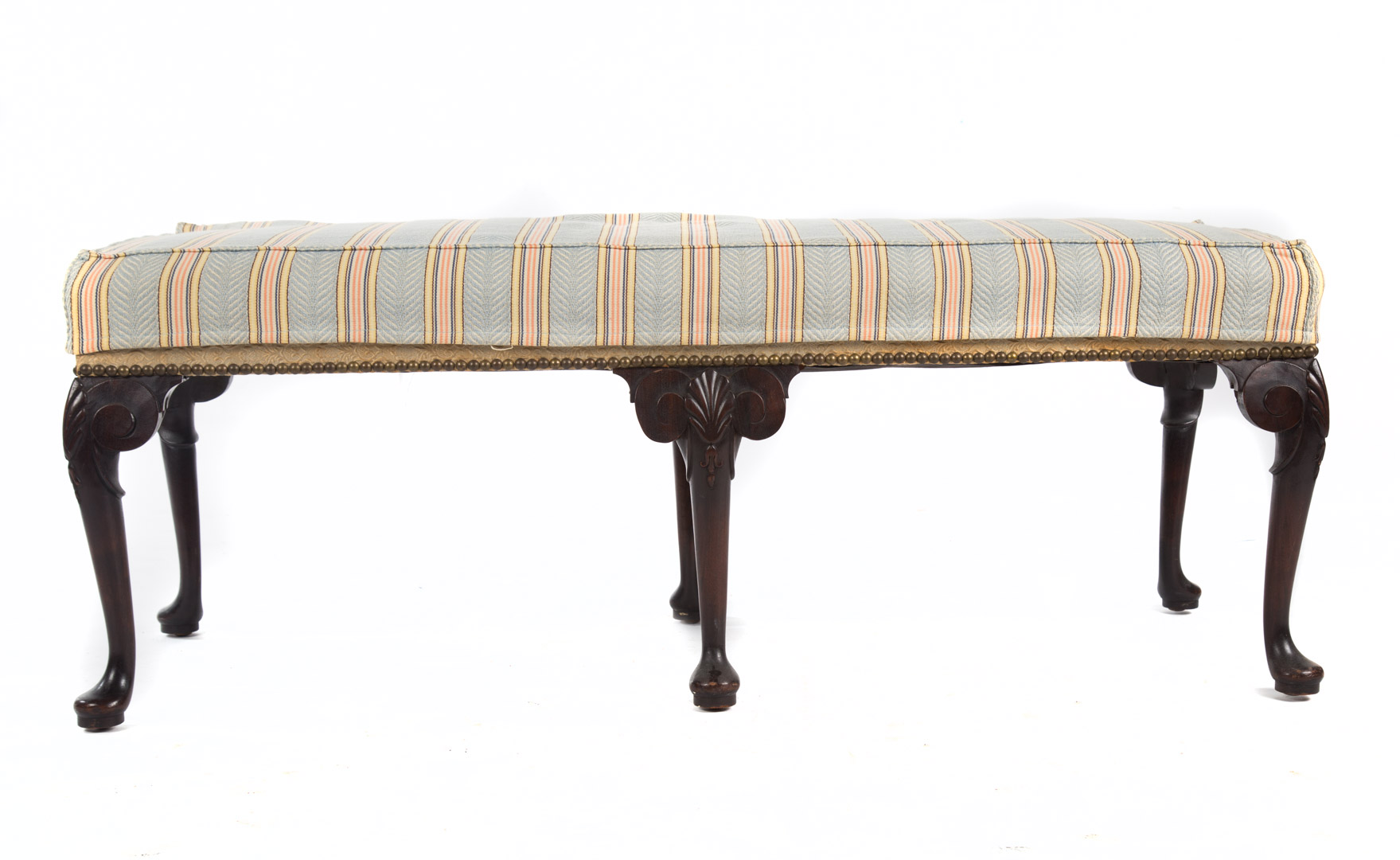 Appraisal: Queen Anne style mahogany upholstered window bench six cabriole legs