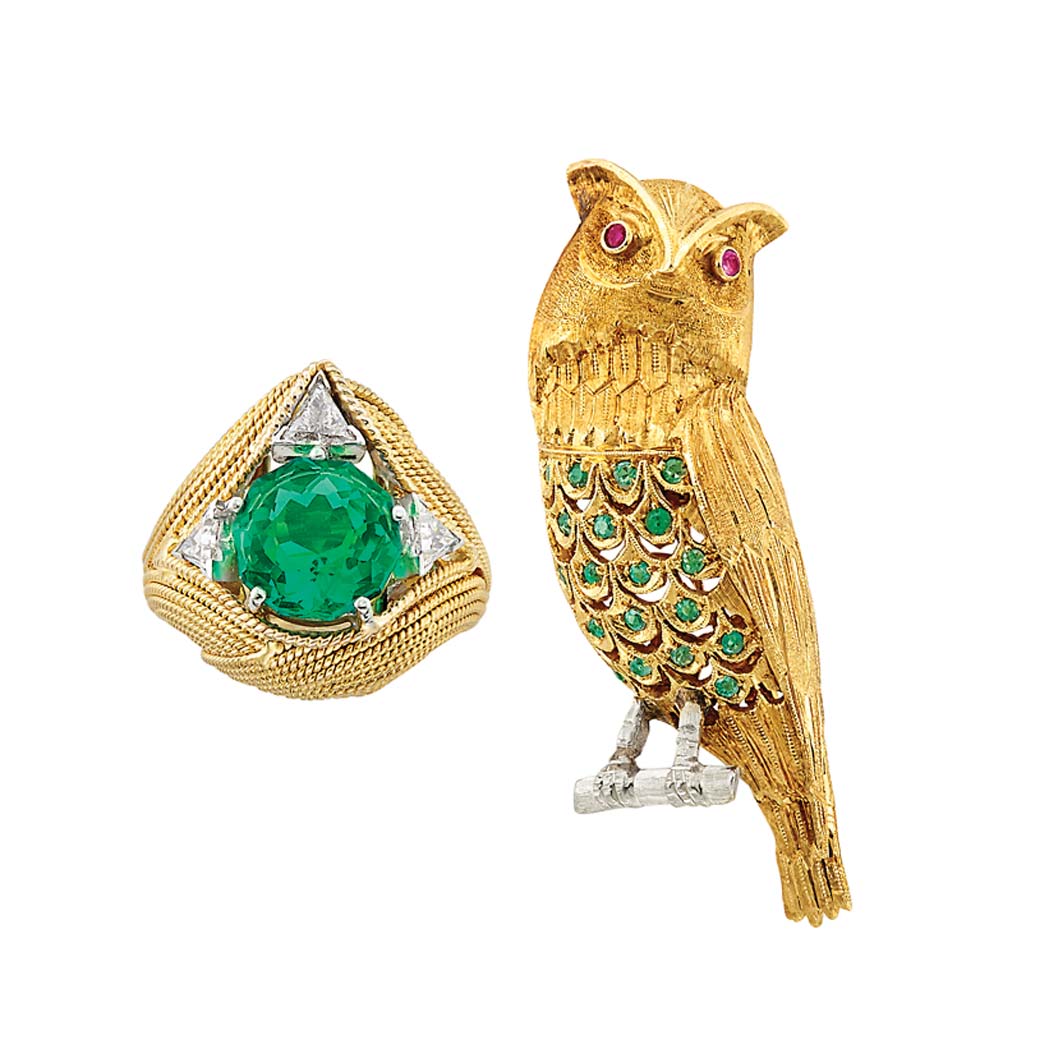 Appraisal: Gold Green Glass and Diamond Ring and Gold Emerald and