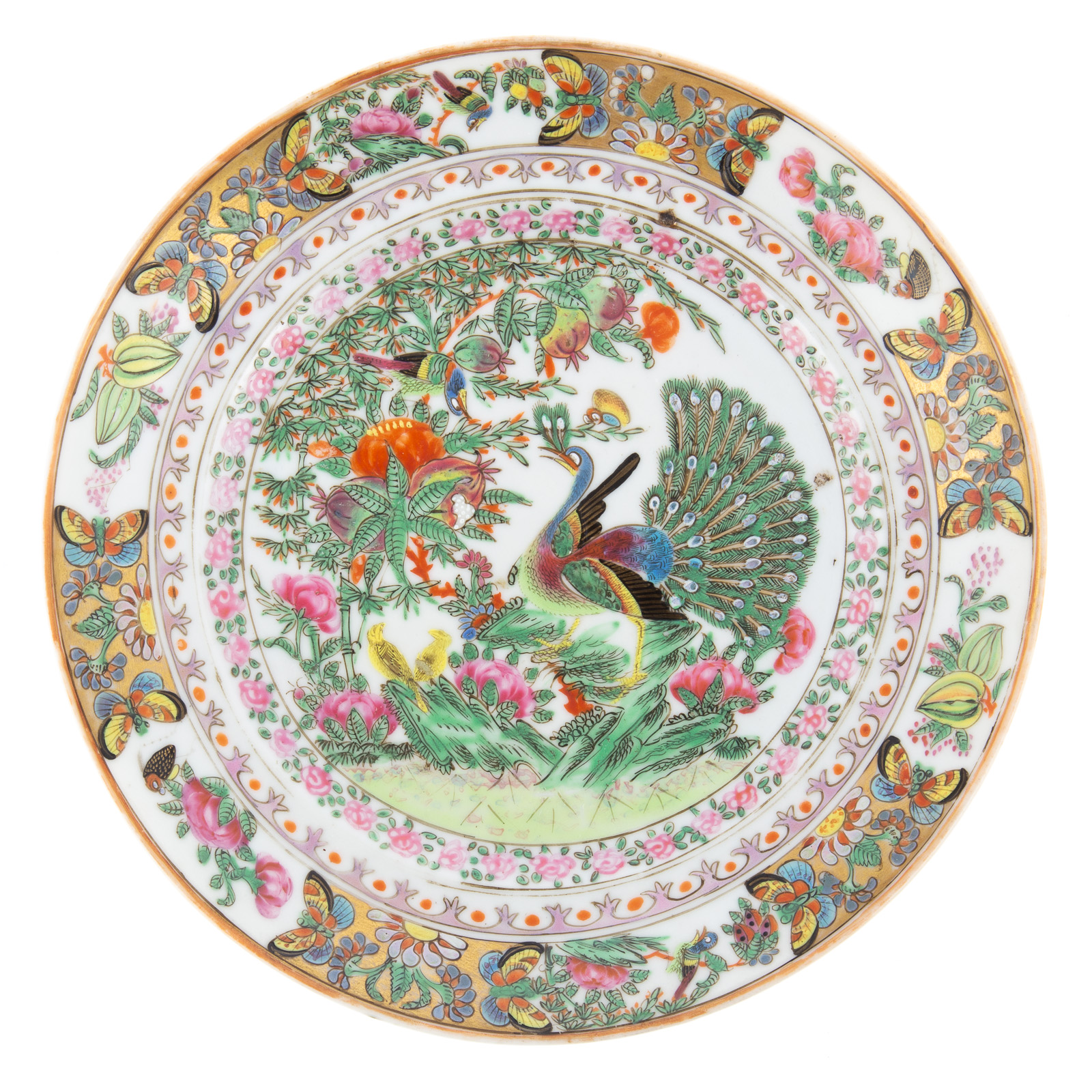 Appraisal: CANTON FAMILLE ROSE GARDEN SETTING PEACOCK PLATE Tongzhi Era plate