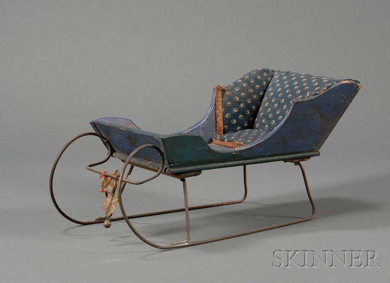 Appraisal: Miniature Blue-painted Wooden Sleigh America late th century with wire