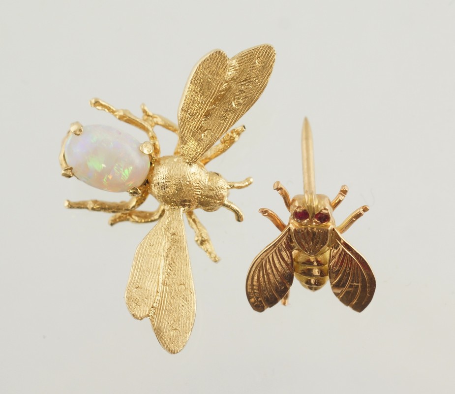 Appraisal: K YG bug pins one with opal body other with